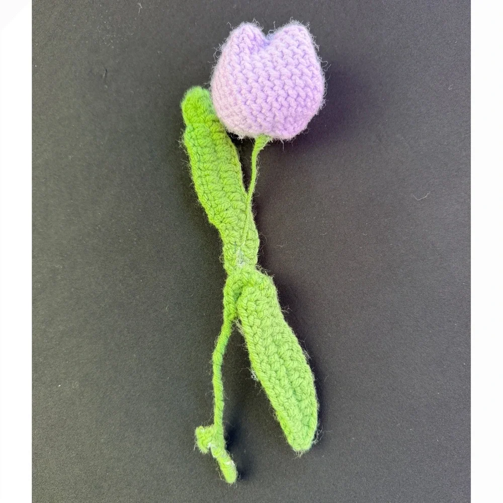 Handmade Crochet Flower Bouquet 5pc Pink Purple Roses Tulip Cottagecore Decor